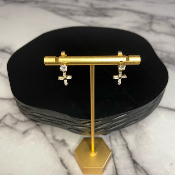 Sterling Silver 925 Vermeil CZ Cross Earrings - Picture 1 of 7